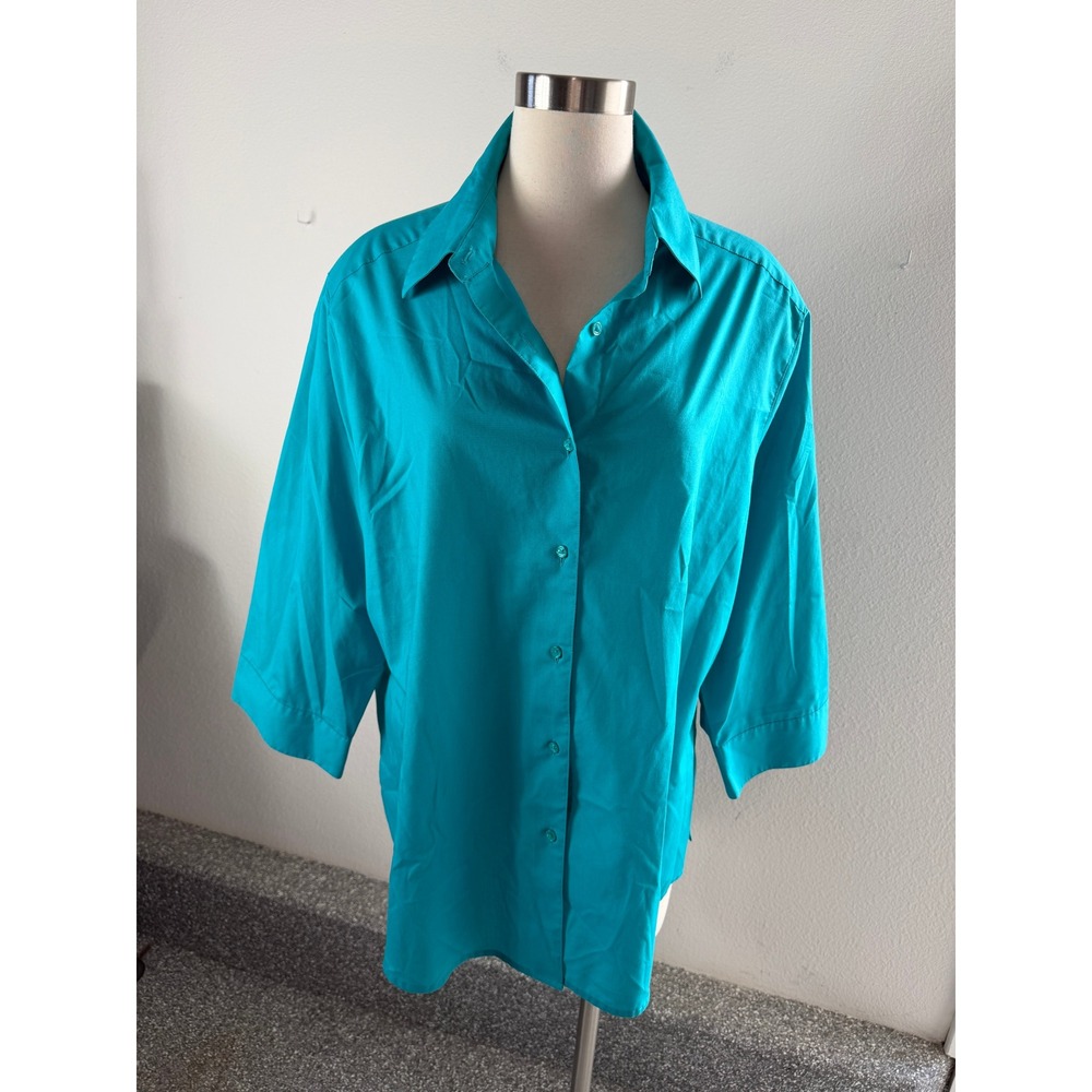 Foxcroft NYC Womens Plus 20W Wrinkle Free Shaped Button Up Shirt Teal Blouse